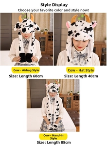 Cow plush hat collection with airbag ears and pocket scarf in three length variations