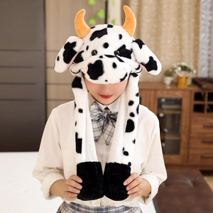Detail of cute plush cow hat with moving ears, 3-in-1 scarf and gloves for winter