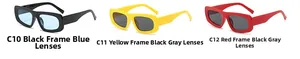 Détails des lunettes de soleil carrées rétro en noir, jaune et rouge avec montures épaisses