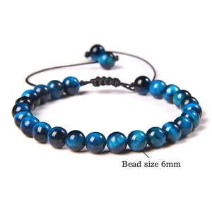 Adjustable 6mm blue tiger eye bead bracelet with black woven macramé knot for men and women