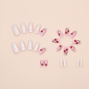 24pcs press-on nails featuring pearl white round and pink french cherry oval designs