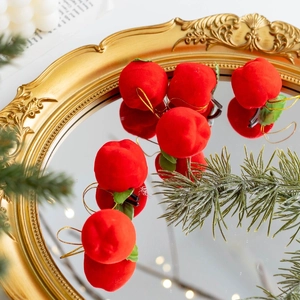 Red Flocked Apple Christmas Tree Pendants Realistic Miniature Fruit Hanging Ornaments With Gold Cord For Holiday Party Decor