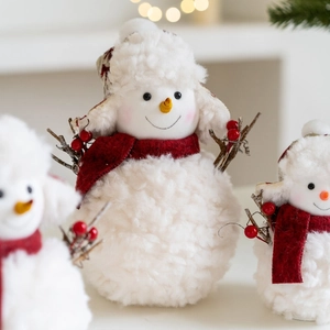 Christmas snowman plush doll decoration with red scarf and fuzzy lamb wool texture