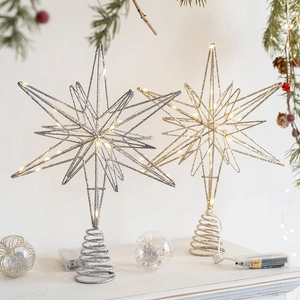Gold and silver iron star tree toppers with LED lights and spiral bases for Christmas tree