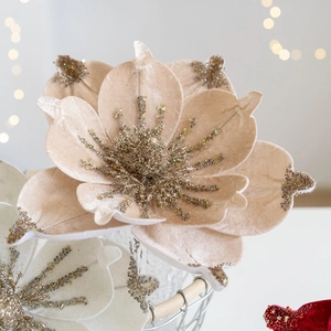 Champagne velvet artificial magnolia flower with sequins for Christmas and home decor