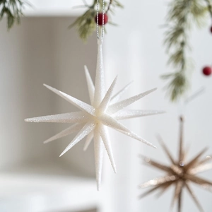 Sparkling white star Christmas ornament hanging on a pine tree branch for festive decor