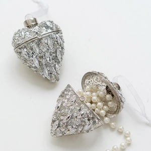 Sparkly silver heart-shaped Christmas ornament box with sequins and pearls