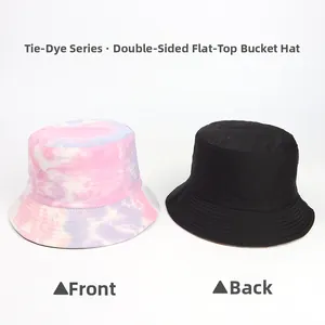 Double-sided colorful tie-dye bucket hat with reversible black cotton side for sun protection
