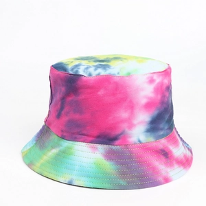 Detail of colorful tie-dye bucket hat showing stitching and cotton canvas texture
