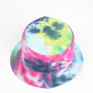 Close-up of colorful tie-dye bucket hat featuring multi-row reinforced stitching details