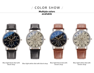 Detail view of four men's quartz watches with crocodile-pattern leather straps and blue light glass