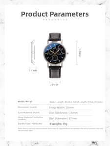 Detailed specs of Geneva quartz watch with a 37mm dial and black faux leather strap