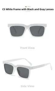 Makroaufnahme der quadratischen Sonnenbrille mit weißem Rahmen und funkelnden Kristallen