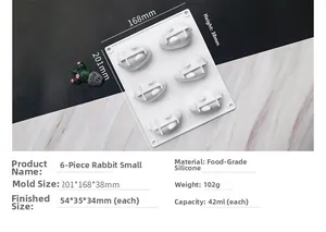 Detailed dimensions of 6-cavity rabbit silicone mold for cake and jelly baking