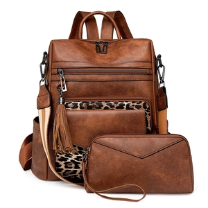 Women Vintage PU Leather Backpack And Clutch Tassel Large Capacity Multipurpose Ethnic Woven Strap Travel School