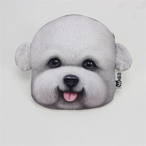 Cute white plush bichon dog coin purse with realistic fur texture and brand tag