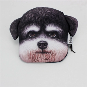 Realistic 3D bull terrier printed coin purse with creative 3D ears and zipper closure
