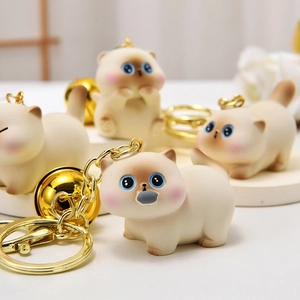Cute Siamese cat resin keychain set with golden bell and ring for bag decoration