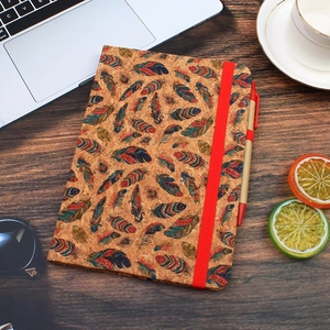 A5 cork notebook with feather patterns, elastic strap and matching ballpoint pen