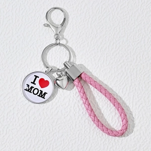 Alloy Keychain Braided Leather Cord Round Glass Pendant Heart Charm Mother's Father's Day Gift For Parents