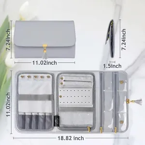 Foldable travel jewelry organizer bag with dimensions for rings and earrings