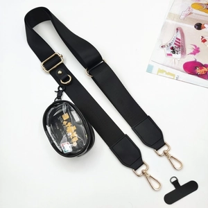 Detail of adjustable black wide crossbody phone strap with gold hooks and card pouch