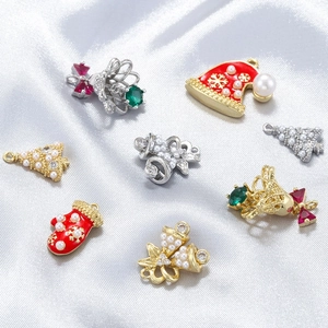 Christmas Charms Pendants Brass Enamel Faux Artificial Pearl Rhinestone For Holiday Jewelry Making DIY Festive Bell Tree Hat Shape
