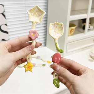 Cute Ceramic Spoon Star Tulip Flower Shape Hand-painted Spotted Glaze For Coffee Dessert Soup Novelty