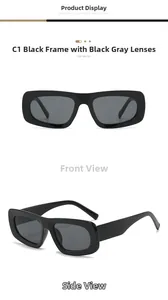 Détail de lunettes de soleil rectangulaires avec monture noire brillante et verres gris