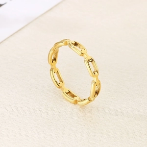 Detailed view of a gold-tone stainless steel ring with a hollow cuban chain design
