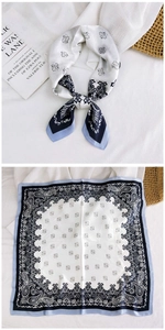Blue and white paisley silk scarf shown both knotted and flat on a minimal aesthetic background