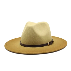 Two-tone gradient wool fedora hat in beige and yellow with leather band and gold buckle