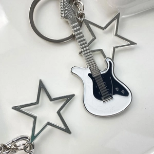 Y2K electric guitar keychain with hollow star charms and silver metallic ring