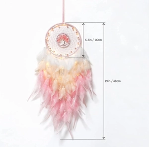 Pink Tree of Life dream catcher detail with LED lights and gradient feathers