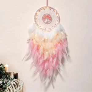 Tree Of Life Dream Catcher Handmade Feather Wall Hanging Rose Quartz LED Light Warm Glow Boho Decor Bedroom Nursery