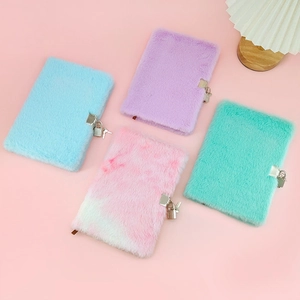 Plush locking diary notebooks in pastel colors with silver metal locks and keys