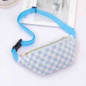 Detail of blue and white checkered waist bag with adjustable strap and plastic buckle