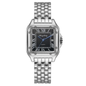 Detailed macro view of square steel watch with black Roman dial and blue hands