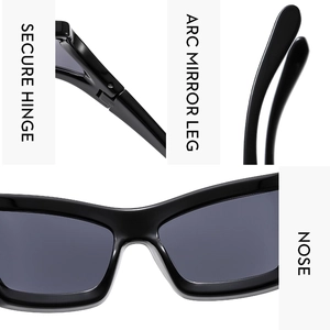 Detail showing secure hinge, arc mirror legs and nose pads on black fashion sunglasses
