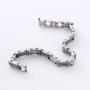 Silver stainless steel watch band style bracelet with industrial bolt link design