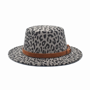 Flat top leopard print wool felt boater hat with a brown faux leather buckle strap