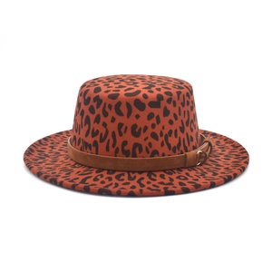 Boater Hat Woolen Felt Wide Brim Leopard Print Flat Top Fedora With Suede Band Metal Buckle Retro Fashion Jazz For Women