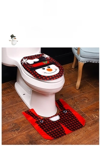 Detail of red and black buffalo plaid snowman toilet seat cover and floor mat set
