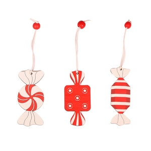 Set of 3 red and white candy-shaped wooden ornaments for Christmas tree decoration