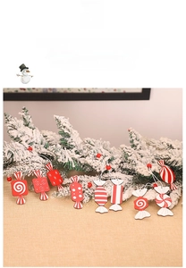 Set of 8 red and white wooden candy ornaments with stripes and dots for Christmas decor