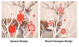 Detailed view of red and white wooden candy ornaments in geometric shapes for Christmas trees