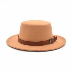 Classic camel flat top wool felt fedora hat with brown leather belt and silver buckle