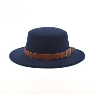 Detailed view of dark blue wool felt boater hat with a brown leather decorative band