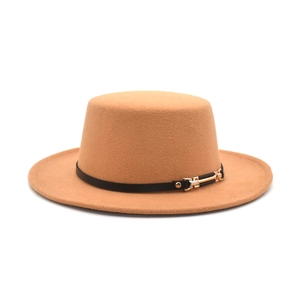 Classic khaki flat top boater hat in wool felt with black leather band and gold buckle