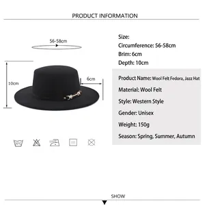 Classic black wool fedora jazz hat with decorative buckle strap and size dimensions